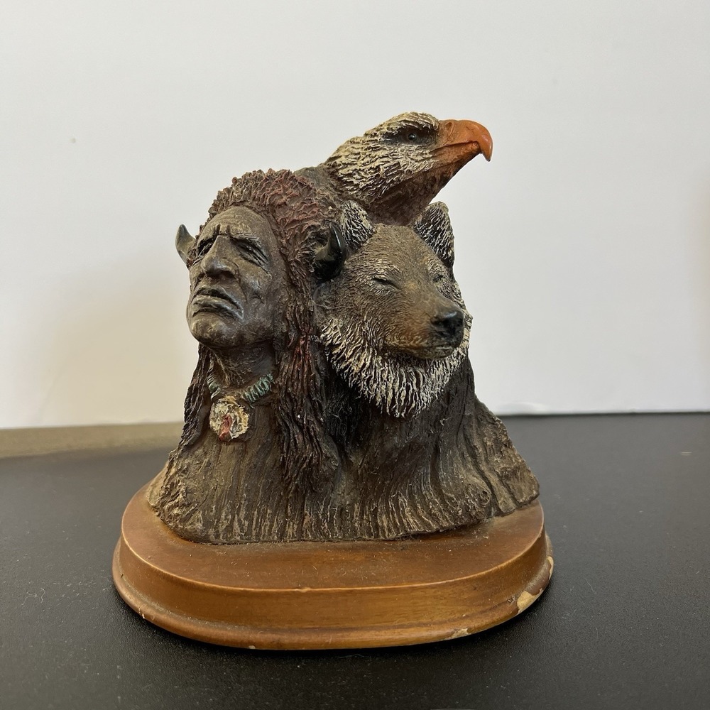 Native American Chief Wolf Bald Eagle Resin Sculpture‎ Figurine 6 Inch Brown